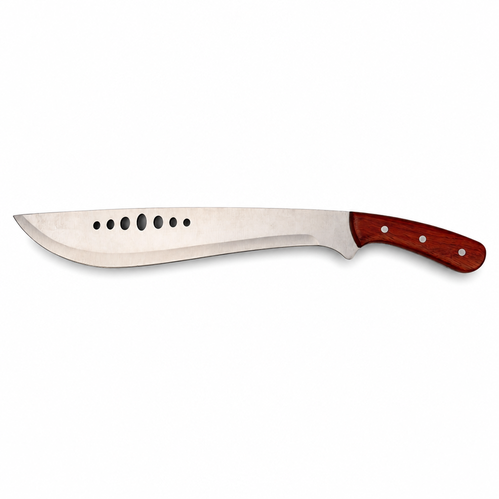 Professional Outdoor Survival Machete Fixed Blade Knife with Wooden Handle & Blade Cutouts
