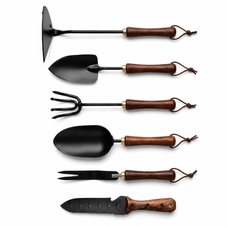 Svega Premium 6-Piece Garden Tool Set with Walnut Wood Handles & Leather Lanyards