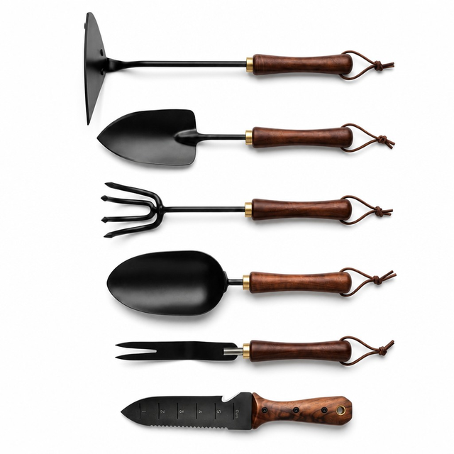 Svega Premium 6-Piece Garden Tool Set with Walnut Wood Handles & Leather Lanyards