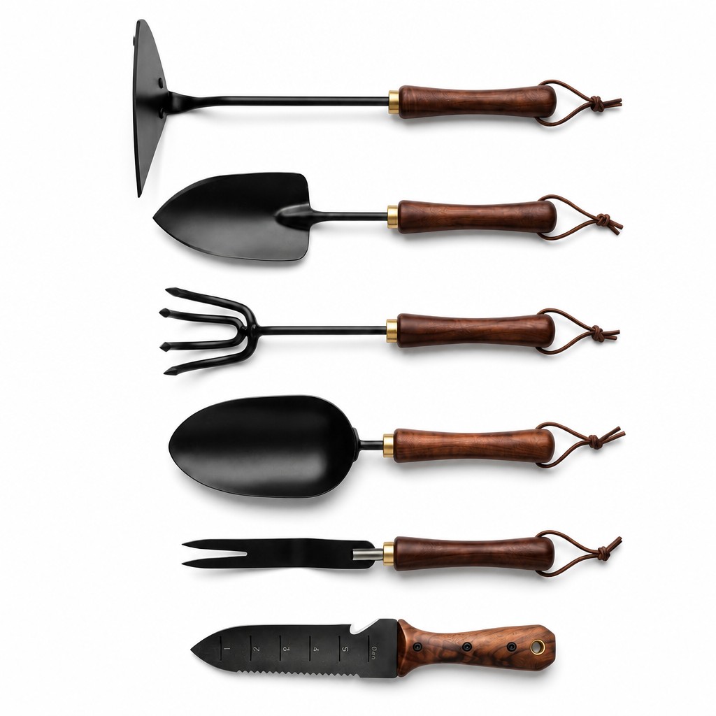 Svega Premium 6-Piece Garden Tool Set with Walnut Wood Handles & Leather Lanyards