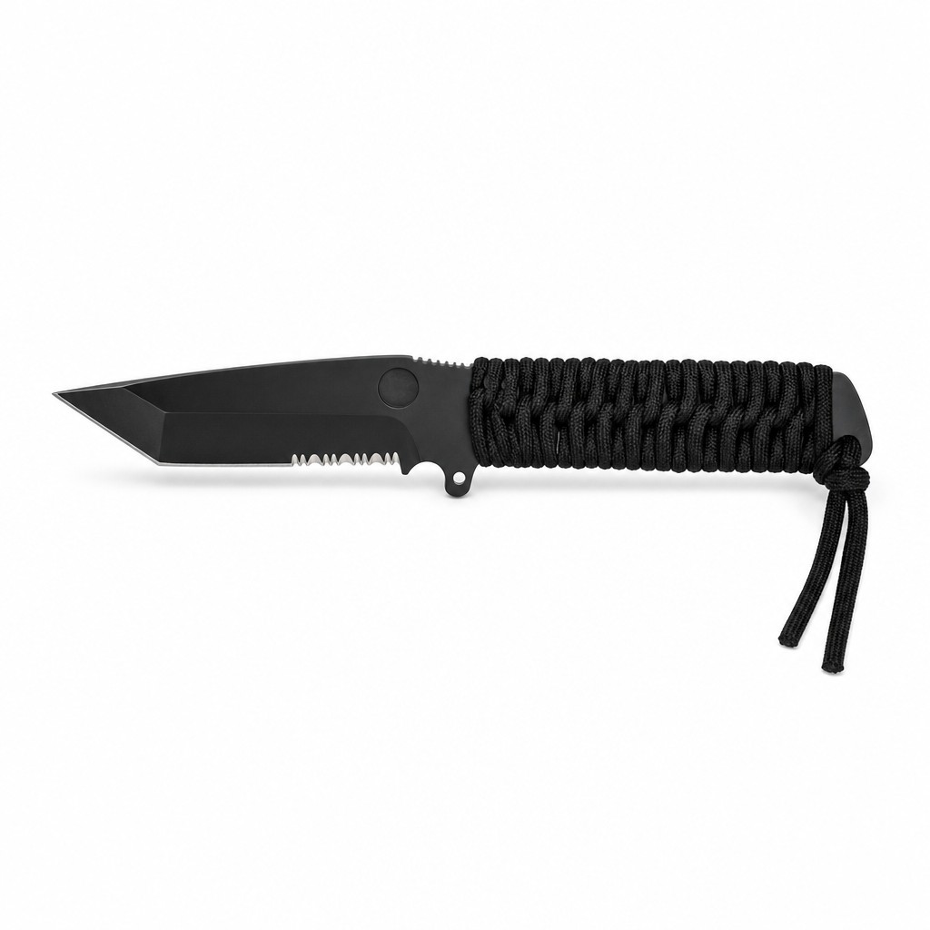 Tactical Paracord Wrapped Fixed Blade Knife with Tanto Blade & Serrated Edge