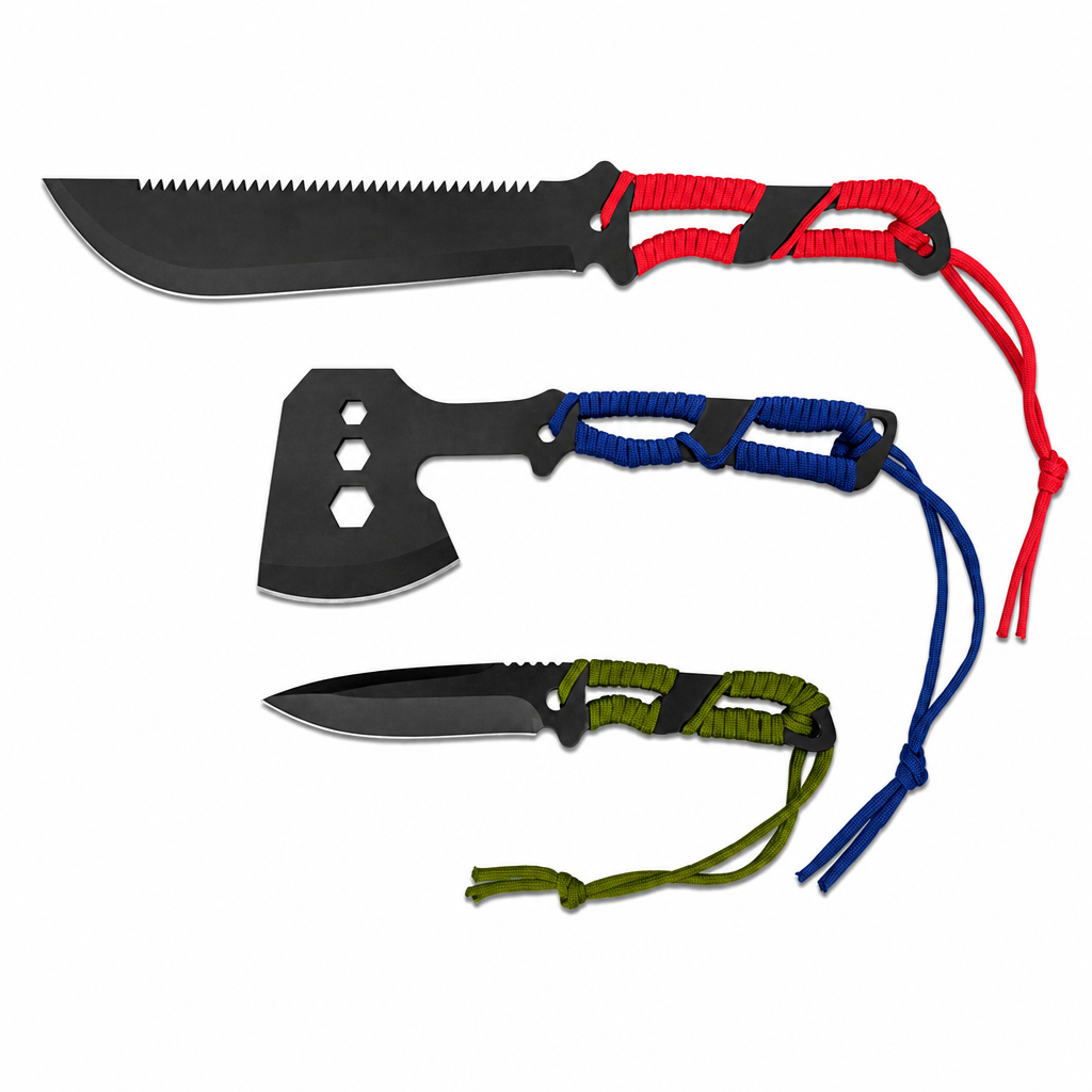 Svega HKS010 3-Piece Outdoor Survival Set - 420 Steel Machete, Tactical Axe, Fixed Blade Hunter Knife with Parachute Cord Wrapped Handles